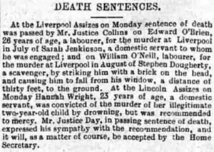 British death sentences reported in the Warrington Examiner, 30 November 1895 – capital trial coverage